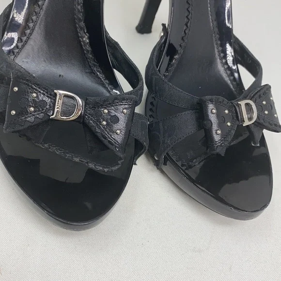 Dior Sz 37 Black Logo High Heel Sandals Bow Studs - Picture 6 of 16